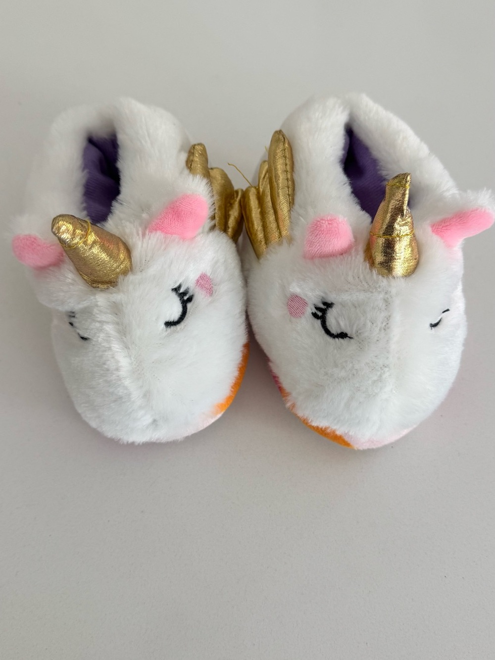 White Unicorn Plush Slippers with Gold Horns